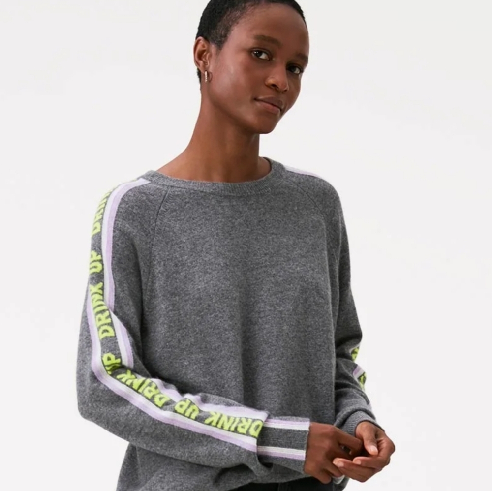 Brodie Cashmere Gray Crew Neck Sweater with Multicolored Sleeve Stripes